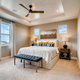 A large master bedroom with double windows and a large bed.