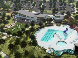 An aerial view of the community pool in Harmony.