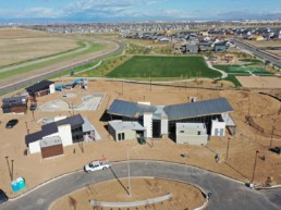 An aerial view of the the construction in the community of Harmony.